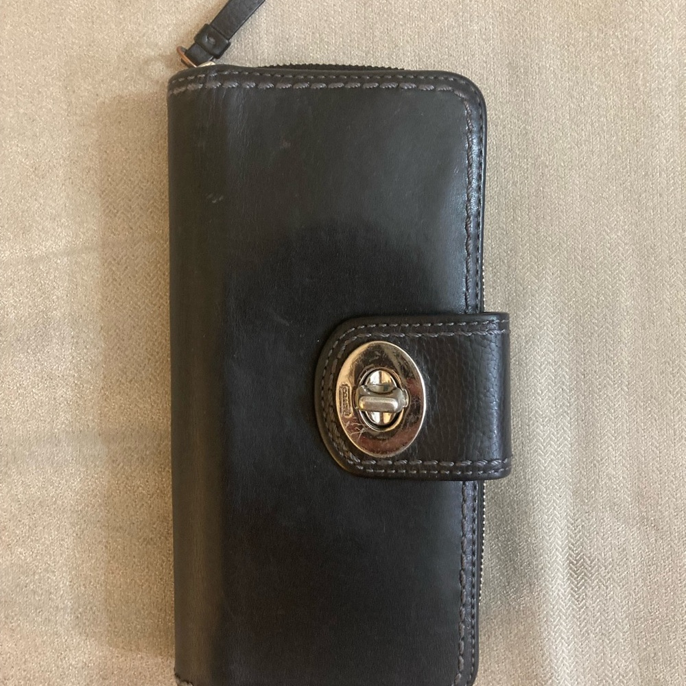 Black Leather Coach Wallet with Turn Lock Closure